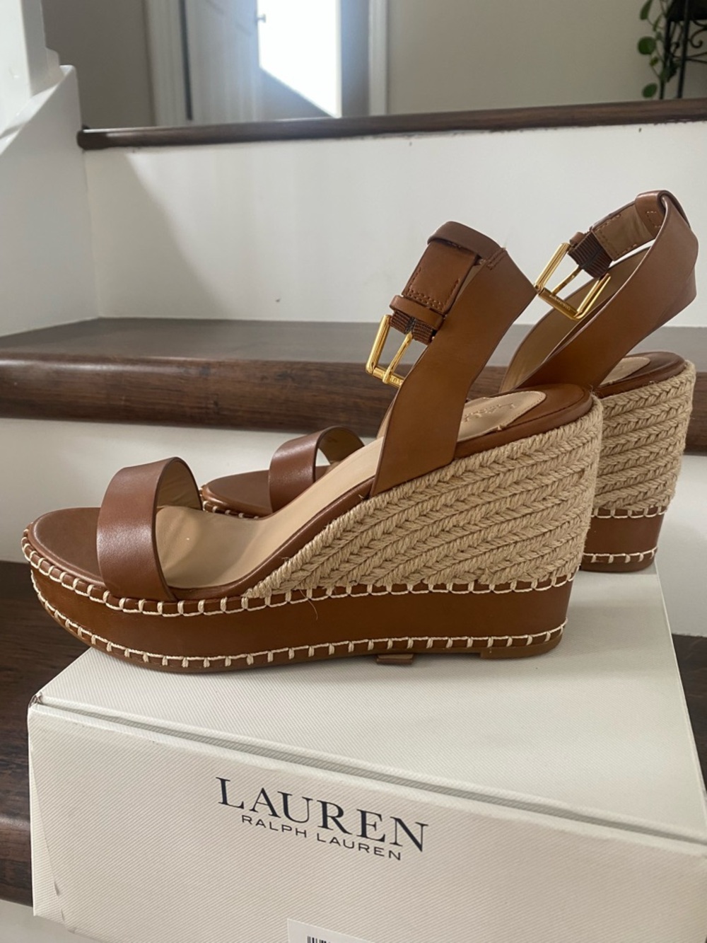 NWT Ralph Lauren Hilario Leather Espadrille Wedge Sandals